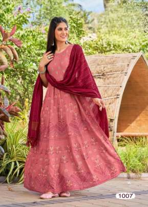 Udan Vol 2 Rayon 14Kg With Foil Print With Heavy Dupatta Anarkali Kurtis Peach Color DN 1007