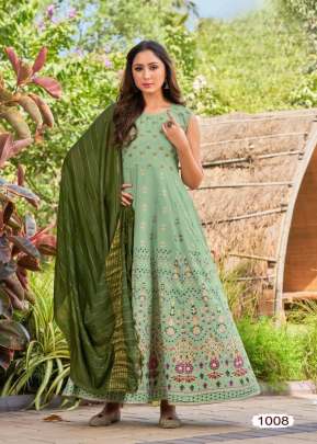 Udan Vol 2 Rayon 14Kg With Foil Print With Heavy Dupatta Anarkali Kurtis Pista Color DN 1008