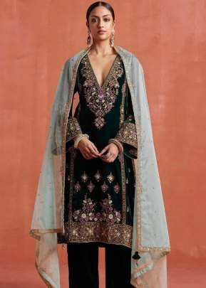 Velvet Salwar Suit With Embroidery Seqance Work Black Color DN 1320