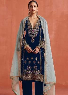 Velvet Salwar Suit With Embroidery Seqance Work Nevy Blue Color DN 1320