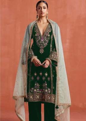 Velvet Salwar Suit With Embroidery Sequence Work Dark Green Color DN 1320