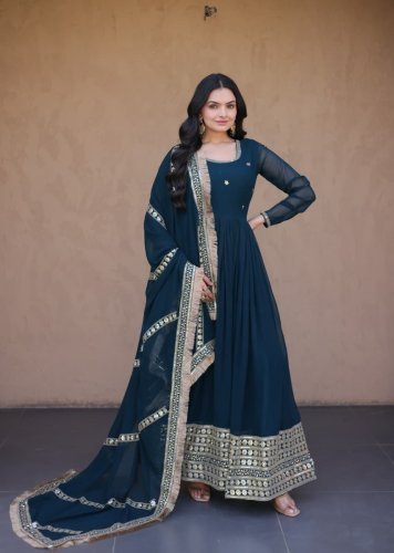 Exclusive Faux Blooming Zari And Sequins Embroidered Gown with Designer Dupatta Rama Color LW DN 9333