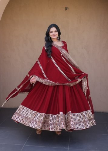 Exclusive Faux Blooming Zari And Sequins Embroidered Gown with Designer Dupatta Maroon Color LW DN 9333