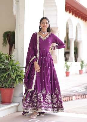 Vichitra Silk Sequence Embroidered Work Anarkali Gown With Dupatta Collection Purple Color KA DN 1214