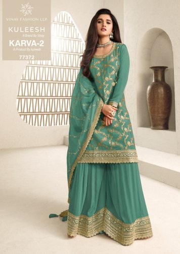 Vinay Kuleesh Karva 2 DN 77372 Chinon Jacquard With Embroidery Work Palazzo Ready Made Suit Sea Green Color