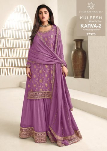 Vinay Kuleesh Karva 2 DN 77373 Chinon Jacquard With Embroidery Work Palazzo Ready Made Suit Purple Color