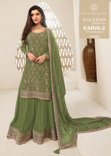Vinay Kuleesh Karva 2 DN 77374 Chinon Jacquard With Embroidery Work Palazzo Ready Made Suit Olive Green Color