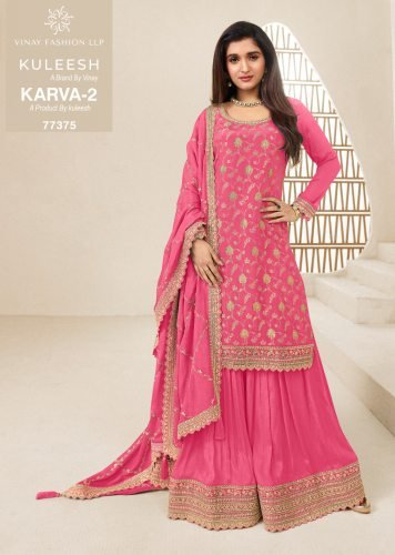 Vinay Kuleesh Karva 2 DN 77375 Chinon Jacquard With Embroidery Work Palazzo Ready Made Suit Dark Pink Color