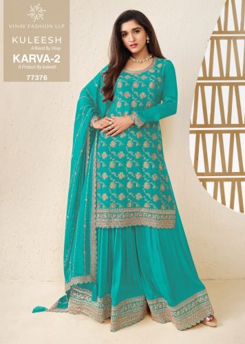 Vinay Kuleesh Karva 2 DN 77376 Chinon Jacquard With Embroidery Work Palazzo Ready Made Suit Aqua Blue Color