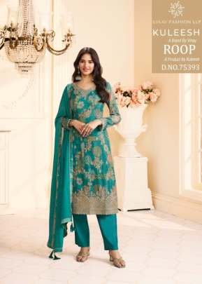 Vinay Kuleesh Roop Designer Salwar Suit In Heavy Chinon With Multi Digital Print And Sequence Embroidery Teal Blue DN 75393