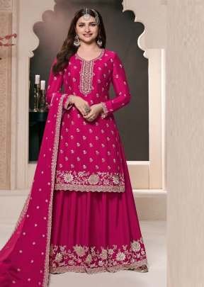 Vinay Kuleesh Saayori Palazzo Suit Semi-Stitched With Embroidered Chinon Fabric Pink Color DN 72691