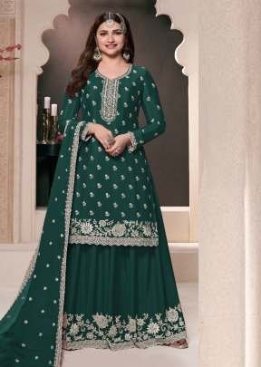 Vinay Kuleesh Saayori Palazzo Suit Semi-Stitched With Embroidered Chinon Fabric Dark Green DN 72691
