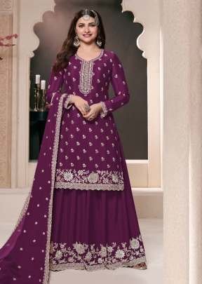 Vinay Kuleesh Saayori Palazzo Suit Semi-Stitched With Embroidered Chinon Fabric Purple DN 72691