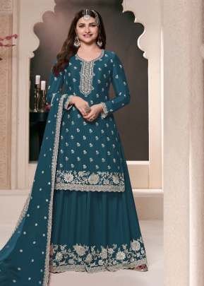 Vinay Kuleesh Saayori Palazzo Suit Semi-Stitched With Embroidered Chinon Fabric Teal Color DN 72691