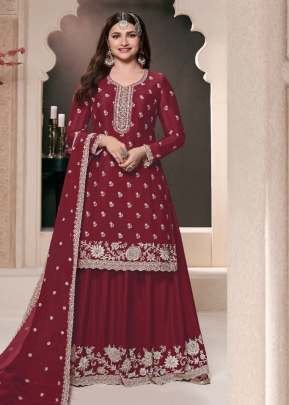 Vinay Kuleesh Saayori Palazzo Suit Semi-Stitched With Embroidered Chinon Fabric Wine Maroon Color DN 72691