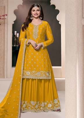 Vinay Kuleesh Saayori Palazzo Suit Semi-Stitched With Embroidered Chinon Fabric Mustard Yellow Color DN 72691