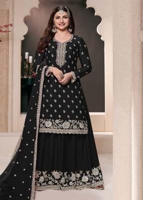 Vinay Kuleesh Saayori Palazzo Suit Semi-Stitched With Embroidered Chinon Fabric Black Color DN 72691