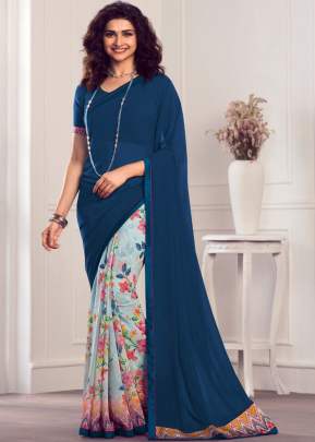 Vinay Prachi Designer Heavy Georgette Silk Printed Saree Blue Color