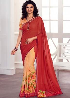 Vinay Prachi Designer Heavy Georgette Silk Printed Saree Orange Color