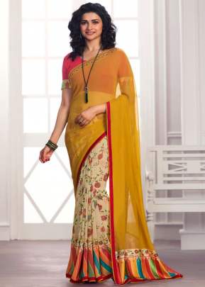 Vinay Prachi Designer Heavy Georgette Silk Printed Saree Yellow Color