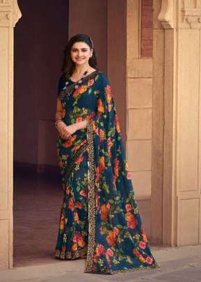 Vinay Prachi Heavy Georgette Silk Printed Saree Blue Color DN 23551