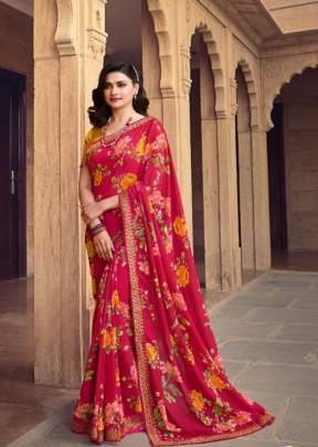 Vinay Prachi Heavy Georgette Silk Printed Saree Red Glow Color DN 23552