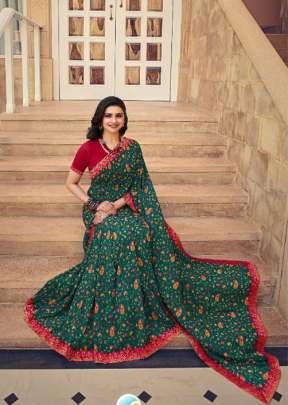 Vinay Prachi Heavy Georgette Silk Printed Saree Green Color DN 23554