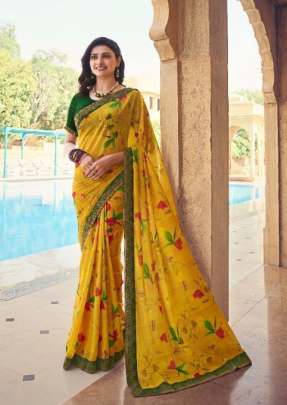 Vinay Prachi Heavy Georgette Silk Printed Saree Yellow Color DN 23555