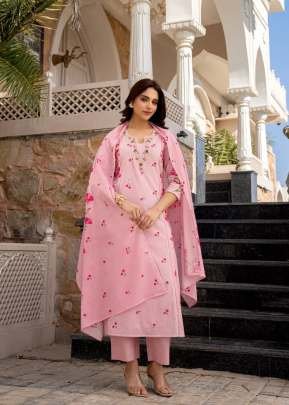 Vrunda Pure Viscose Chanderi Jacquard Butti Heavy Sequence Embroidery Work 3 Piece Kurti Set Pink Color