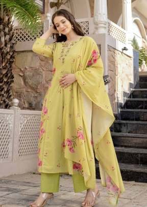 Vrunda Pure Viscose Chanderi Jacquard Butti Heavy Sequence Embroidery Work 3 Piece Kurti Set Yellow Color