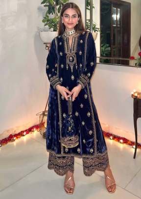 Winter Collection 9000 Pure Velvet Salwar Kameez Suit With Embroidery Work Blue Color DN 3002