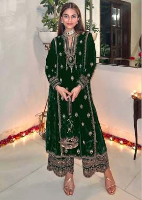 Winter Collection 9000 Pure Velvet Salwar Kameez Suit With Embroidery Work Green Color DN 3002