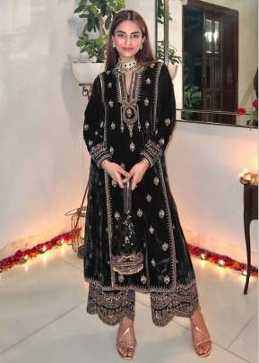 Winter Collection 9000 Pure Velvet Salwar Kameez Suit With Embroidery Work Black Color DN 3002