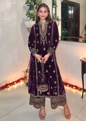 Winter Collection 9000 Pure Velvet Salwar Kameez Suit With Embroidery Work Purple  Color DN 3002