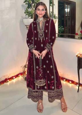 Winter Collection 9000 Pure Velvet Salwar Kameez Suit With Embroidery Work Maroon Color DN 3002