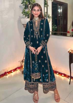 Winter Collection 9000 Pure Velvet Salwar Kameez Suit With Embroidery Work Dark Blue Color DN 3002