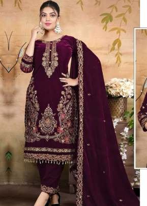 Winter Collection Pakistani Maaria Velvet Salwar Suit With Embroidery Sequence Work With Zarkan And Fancy Lace Wine Color  A DN 1198