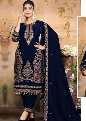 Winter Collection Pakistani Maaria Velvet Salwar Suit With Embroidery Sequence Work With Zarkan And Fancy Lace Nevy Blue Color  A DN 1198