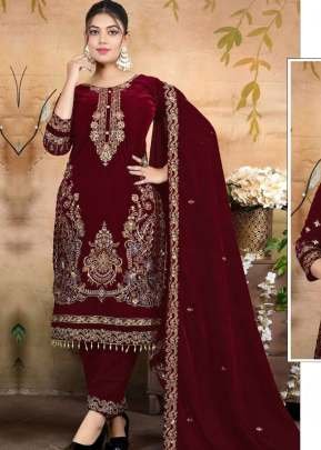 Winter Collection Pakistani Maaria Velvet Salwar Suit With Embroidery Sequence Work With Zarkan And Fancy Lace Maroon Color  A DN 1198