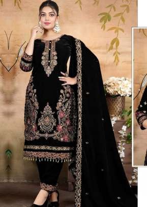 Winter Collection Pakistani Maaria Velvet Salwar Suit With Embroidery Sequence Work With Zarkan And Fancy Lace Black  Color  A DN 1198