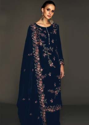 Winter Collection Velvet Salwar Suit With Multi Thread & Sequence Embroidery Work Dark Blue Color DN 1321