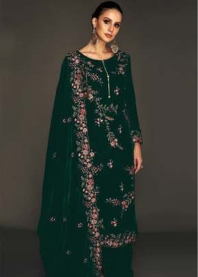 Winter Collection Velvet Salwar Suit With Multi Thread & Sequence Embroidery Work Dark Green Color DN 1321
