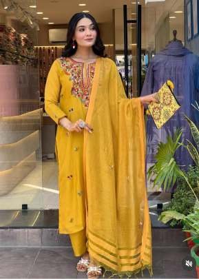 Women’s Kurti Pant Dupatta Set In Pure Natural Mul Chanderi Fabric And Hand Thread And Sequence Work Detailing Mustard Yellow Color DN 101