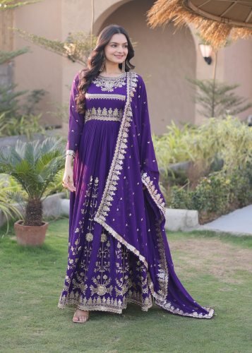 Faux Blooming Georgette With Zari And Sequence Embroidered Designer Gown with Dupatta Purple Color LW DN 9331