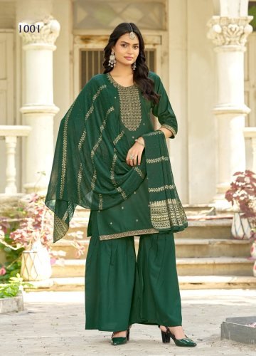 Zashish DN 1001 14kg Rayon With Sequence Zari Embroidery Kurti With Bottom Dupatta Set Dark Green Color