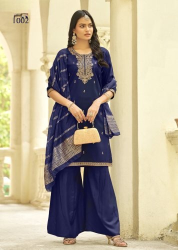 Zashish DN 1002 14kg Rayon With Sequence Zari Embroidery Kurti With Bottom Dupatta Set Nevy Blue Color