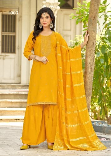 Zashish DN 1003 14kg Rayon With Sequence Zari Embroidery Kurti With Bottom Dupatta Set Yellow Color