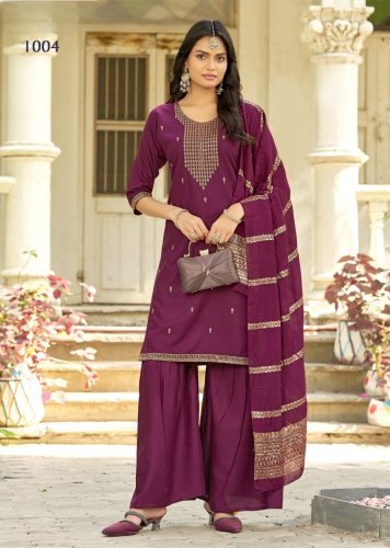 Zashish DN 1004 14kg Rayon With Sequence Zari Embroidery Kurti With Bottom Dupatta Set Purple Color