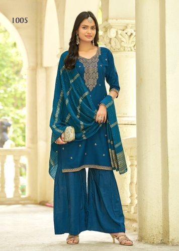 Zashish DN 1005 14kg Rayon With Sequence Zari Embroidery Kurti With Bottom Dupatta Set Teal Blue Color
