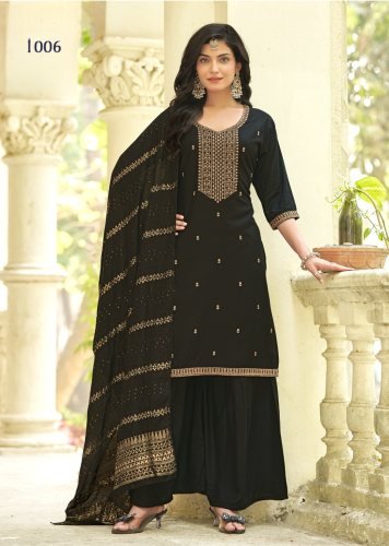 Zashish DN 1006 14kg Rayon With Sequence Zari Embroidery Kurti With Bottom Dupatta Set Black Color